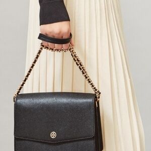 Tory Burch Robinson Black Shoulder Bag with Gold Chain